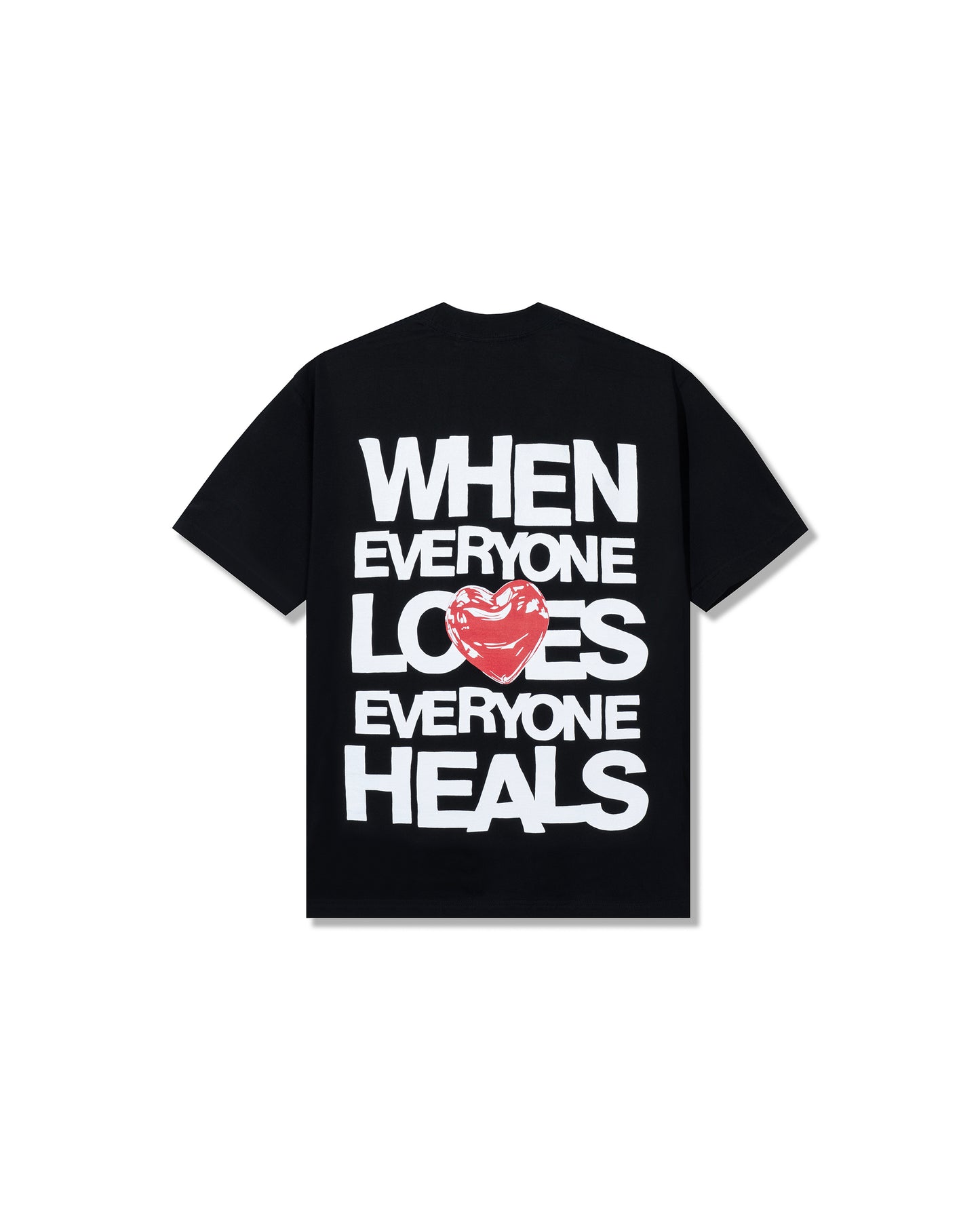 Black t-shirt with white text and a red heart on a white background