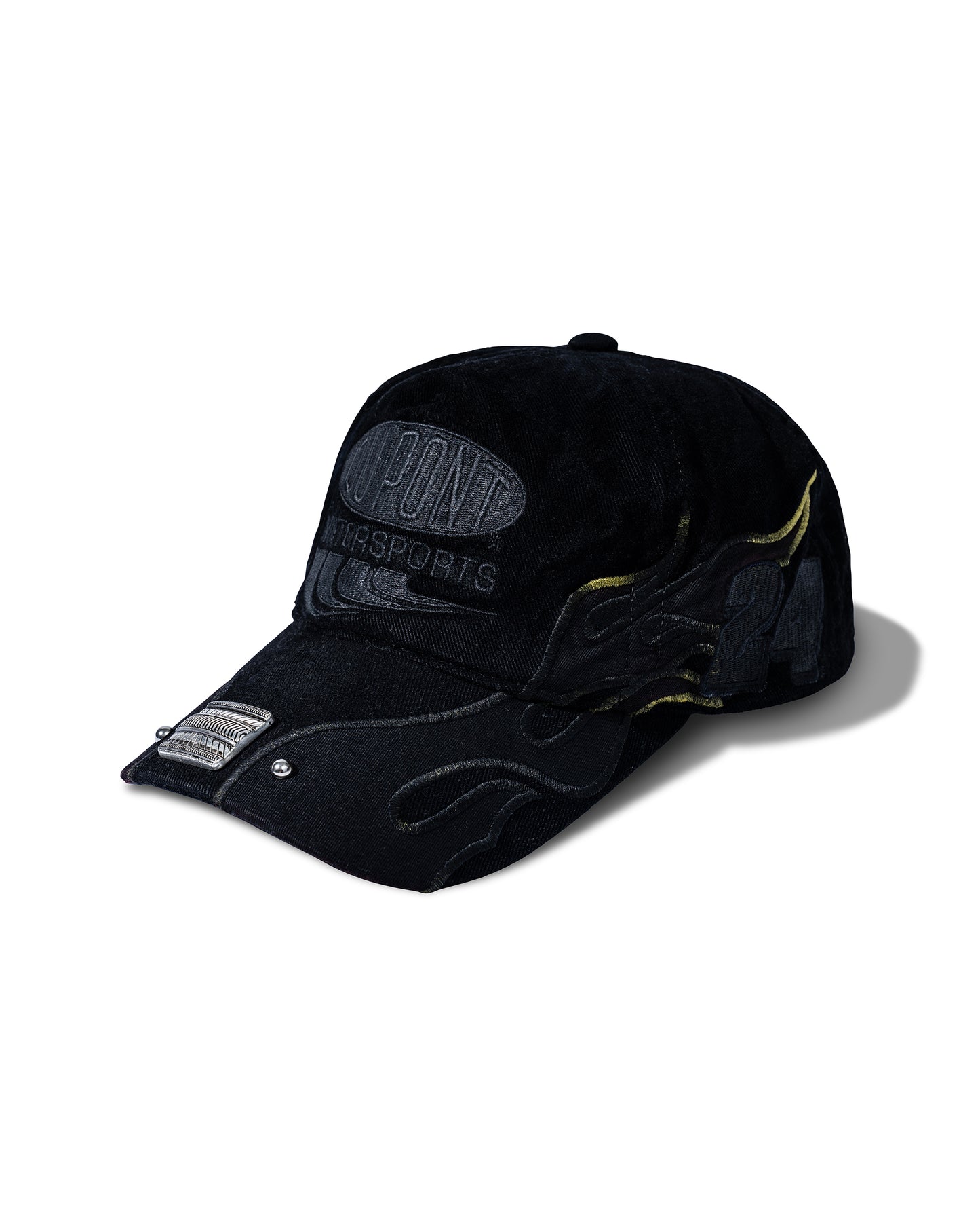Black cap with branding on a white background