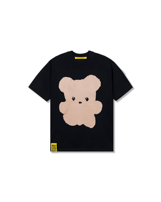 Black t-shirt with a beige bear graphic on a white background
