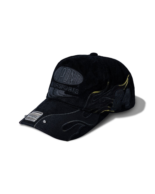 Black cap with branding on a white background