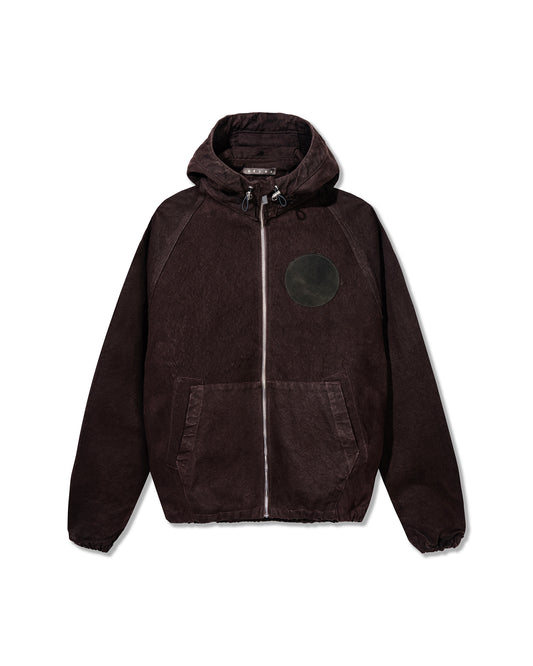 Dark brown hooded jacket on a white background